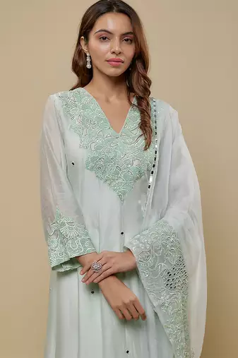 Mint green embroidered chanderi muslin organza anarkali set
