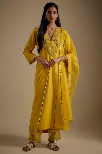 Yellow embroidered chanderi muslin organza kurta set