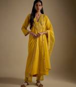 Yellow embroidered chanderi muslin organza kurta set