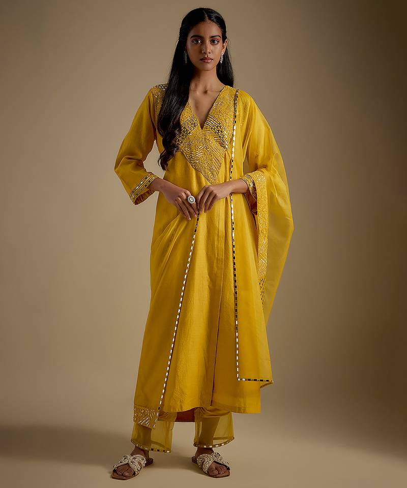 Yellow embroidered chanderi muslin organza kurta set