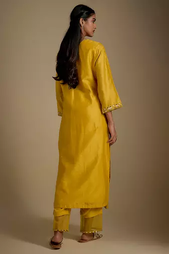 Yellow embroidered chanderi muslin organza kurta set