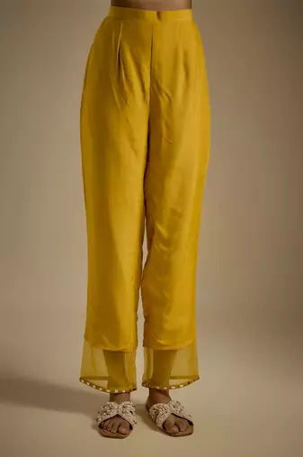 Yellow embroidered chanderi muslin organza kurta set