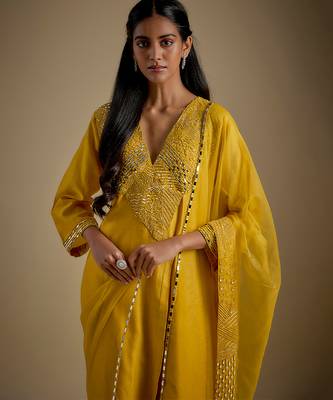 Yellow embroidered chanderi muslin organza kurta set 4