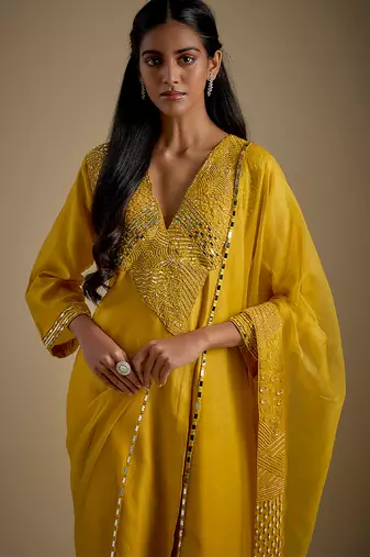 Yellow embroidered chanderi muslin organza kurta set