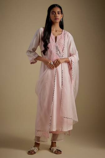 Baby pink embroidered chanderi muslin organza kurta set