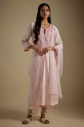 Baby pink embroidered chanderi muslin organza kurta set