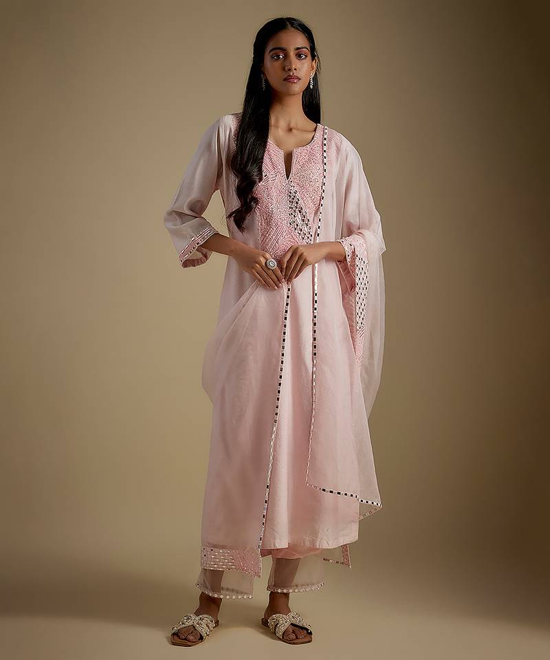 Baby pink embroidered chanderi muslin organza kurta set