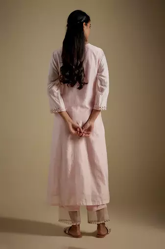 Baby pink embroidered chanderi muslin organza kurta set