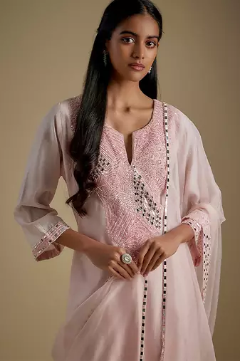 Baby pink embroidered chanderi muslin organza kurta set