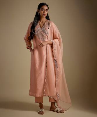 Rose gold embroidered chanderi muslin organza kurta set 1