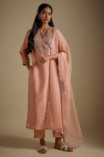 Rose gold embroidered chanderi muslin organza kurta set