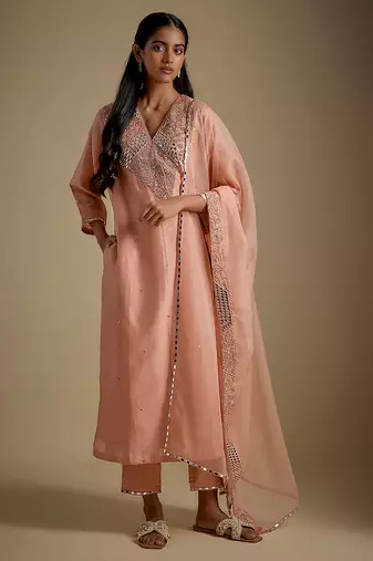 Rose gold embroidered chanderi muslin organza kurta set