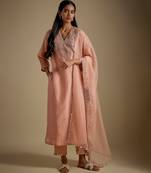 Rose gold embroidered chanderi muslin organza kurta set