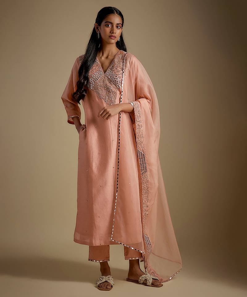 Rose gold embroidered chanderi muslin organza kurta set