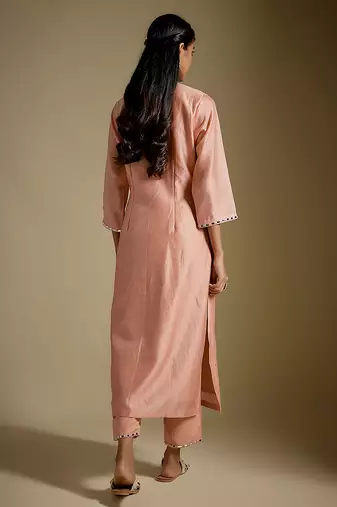 Rose gold embroidered chanderi muslin organza kurta set
