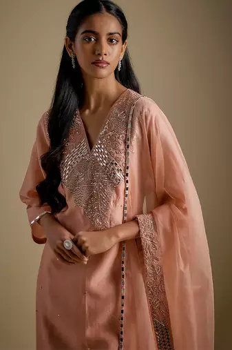 Rose gold embroidered chanderi muslin organza kurta set