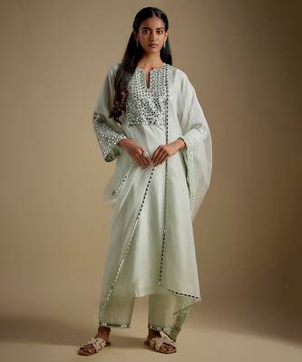 Mint green embroidered chanderi muslin organza kurta set 1