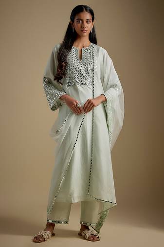Mint green embroidered chanderi muslin organza kurta set