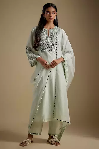 Mint green embroidered chanderi muslin organza kurta set