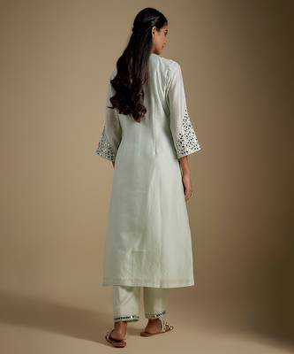 Mint green embroidered chanderi muslin organza kurta set 2