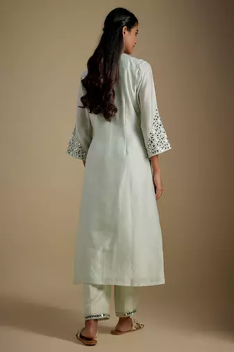 Mint green embroidered chanderi muslin organza kurta set