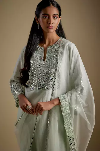 Mint green embroidered chanderi muslin organza kurta set