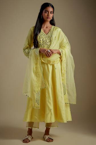 Baby yellow embroidered chanderi muslin organza anarkali set