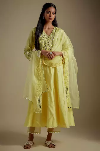 Baby yellow embroidered chanderi muslin organza anarkali set