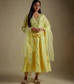Baby yellow embroidered chanderi muslin organza anarkali set