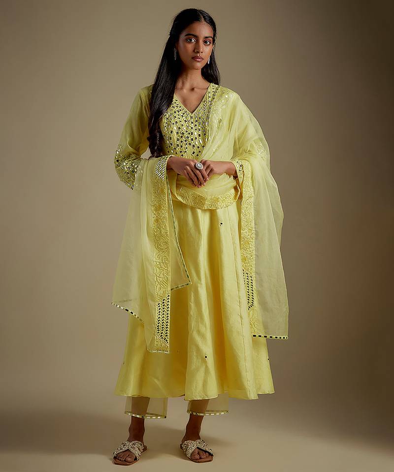 Baby yellow embroidered chanderi muslin organza anarkali set