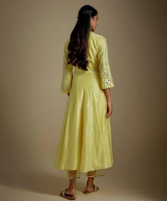 Baby yellow embroidered chanderi muslin organza anarkali set 2