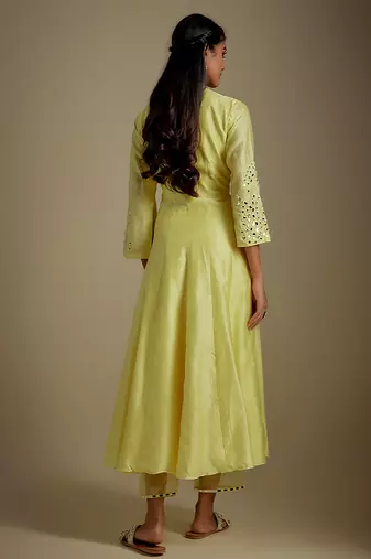 Baby yellow embroidered chanderi muslin organza anarkali set