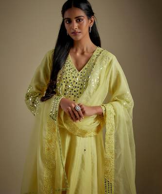 Baby yellow embroidered chanderi muslin organza anarkali set 4