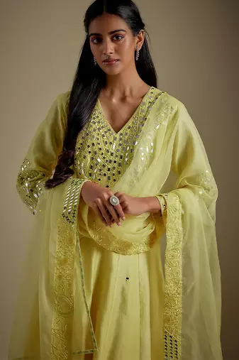 Baby yellow embroidered chanderi muslin organza anarkali set