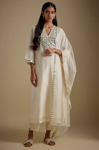 Ivory embroidered chanderi muslin organza kurta set