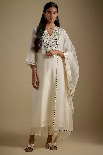 Ivory embroidered chanderi muslin organza kurta set