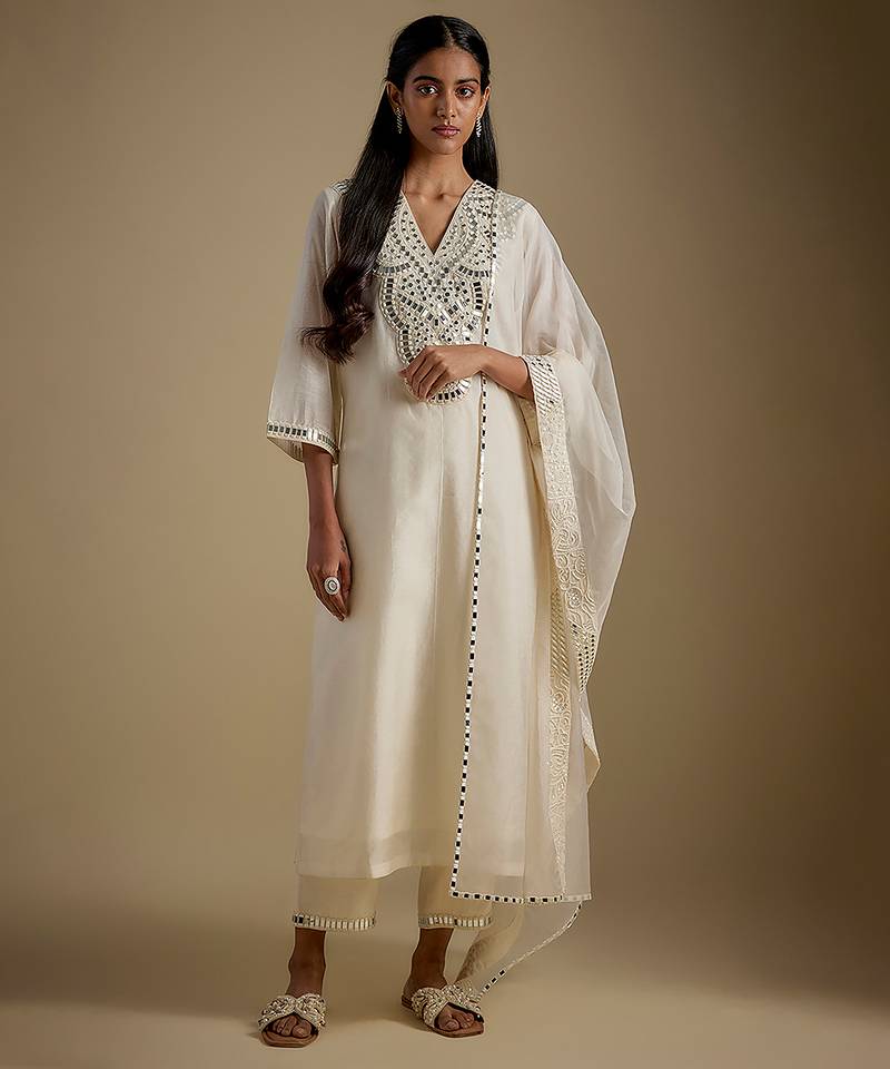 Ivory embroidered chanderi muslin organza kurta set