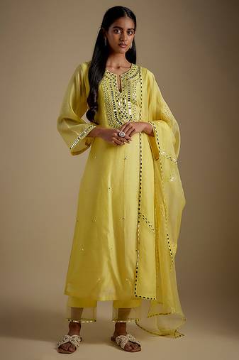 Baby yellow embroidered chanderi muslin organza kurta set