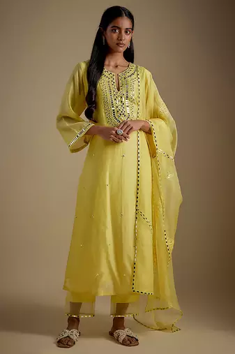 Baby yellow embroidered chanderi muslin organza kurta set
