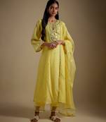 Baby yellow embroidered chanderi muslin organza kurta set
