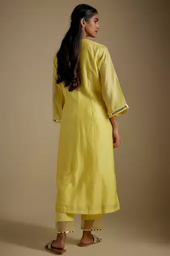 Baby yellow embroidered chanderi muslin organza kurta set