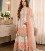 Light Peach And White Color Embroidery And Thread Work Georgette Salwar Suit