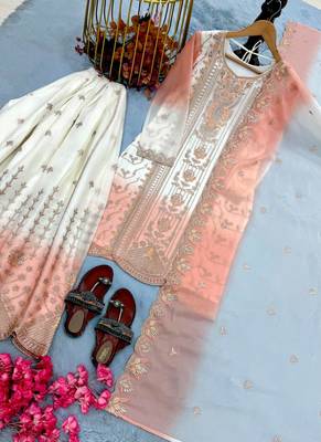 Light Peach And White Color Embroidery And Thread Work Georgette Salwar Suit 3