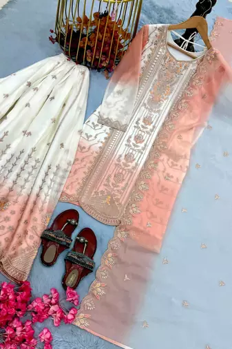 Light Peach And White Color Embroidery And Thread Work Georgette Salwar Suit