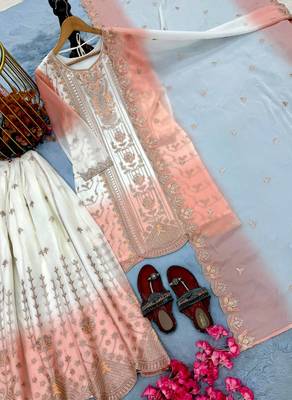 Light Peach And White Color Embroidery And Thread Work Georgette Salwar Suit 4