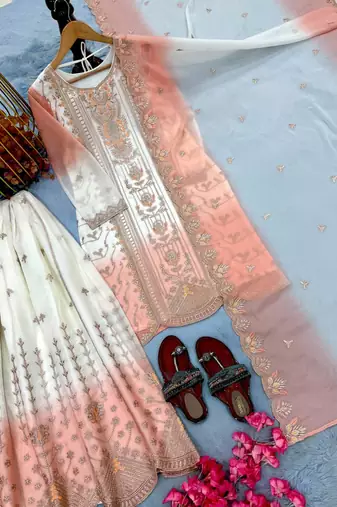 Light Peach And White Color Embroidery And Thread Work Georgette Salwar Suit