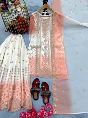 Light Peach And White Color Embroidery And Thread Work Georgette Salwar Suit 5
