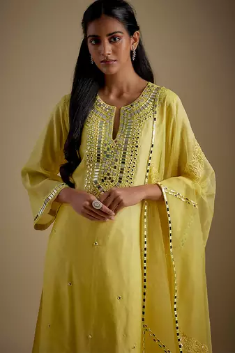Baby yellow embroidered chanderi muslin organza kurta set