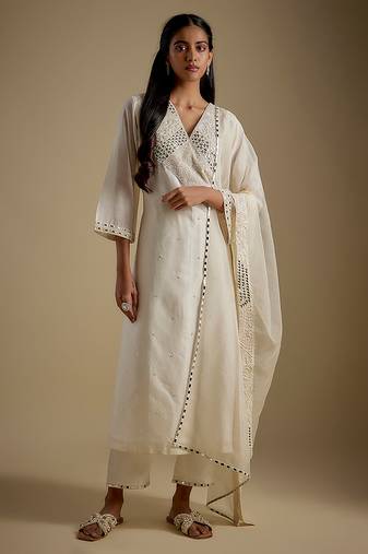 Ivory embroidered chanderi muslin organza kurta set