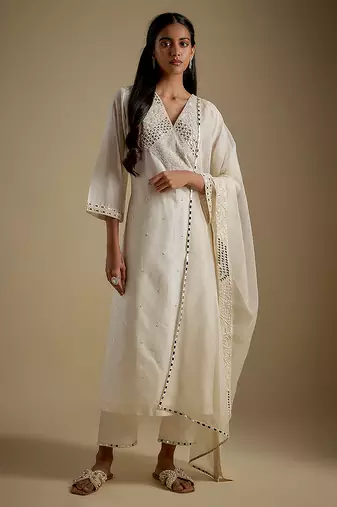 Ivory embroidered chanderi muslin organza kurta set
